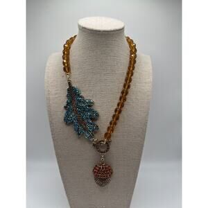 Statement Rhinestone Leaf Necklace Amber Glass Beads Acorn Pendant